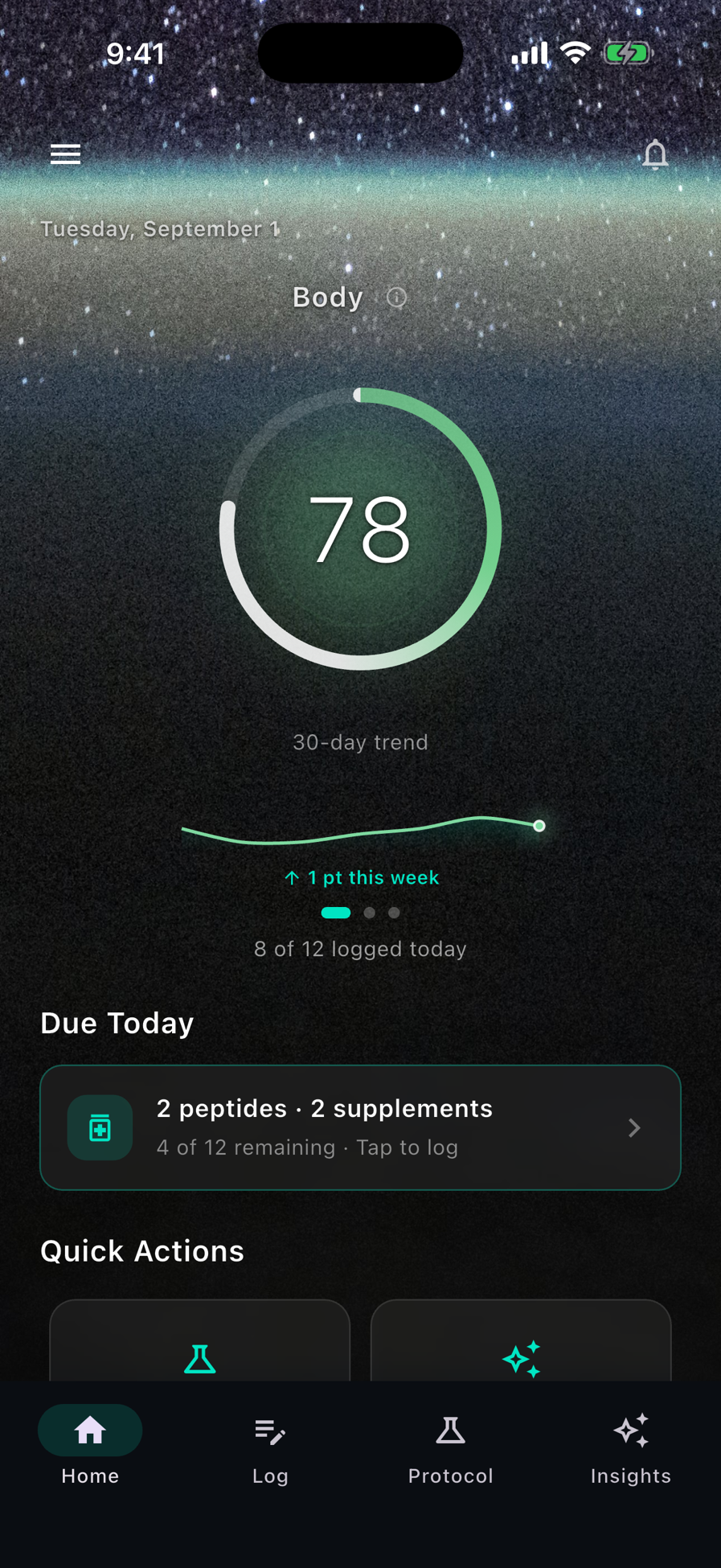 The Body score orb at 78 with a 30-day trend, against a night sky