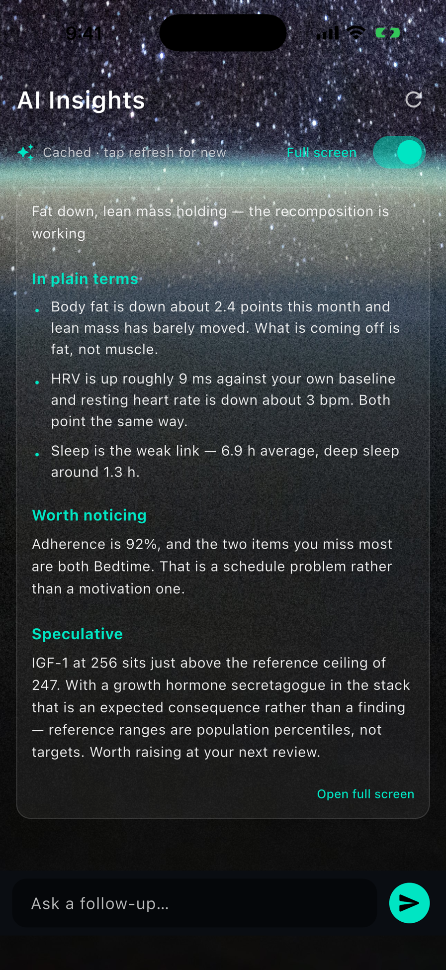 An AI Insights analysis with sections headed In plain terms, Worth noticing and Speculative