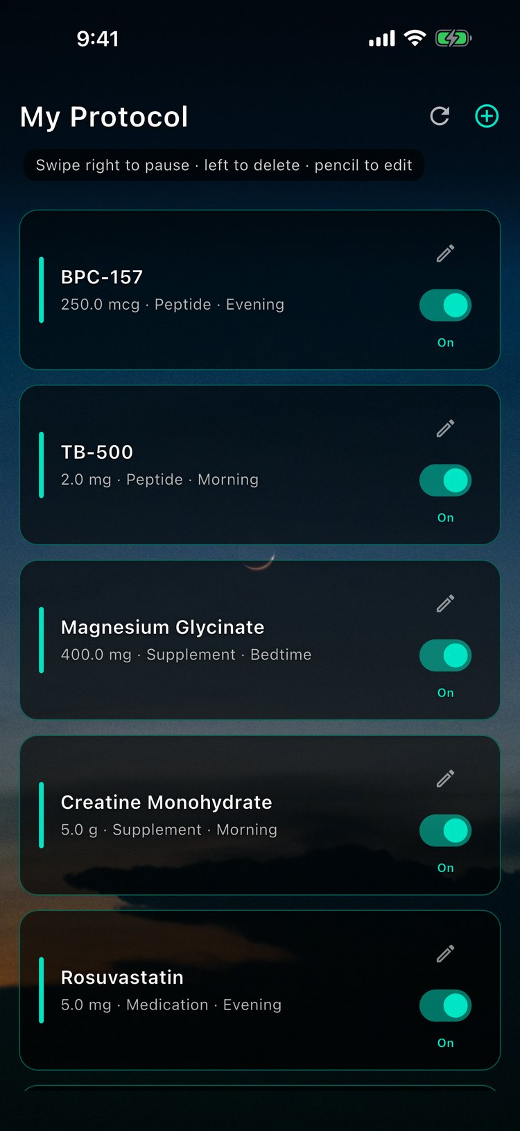 My Protocol: BPC-157 and TB-500 (peptides), magnesium glycinate and creatine (supplements) and rosuvastatin (medication) in one list, each with its dose and time of day